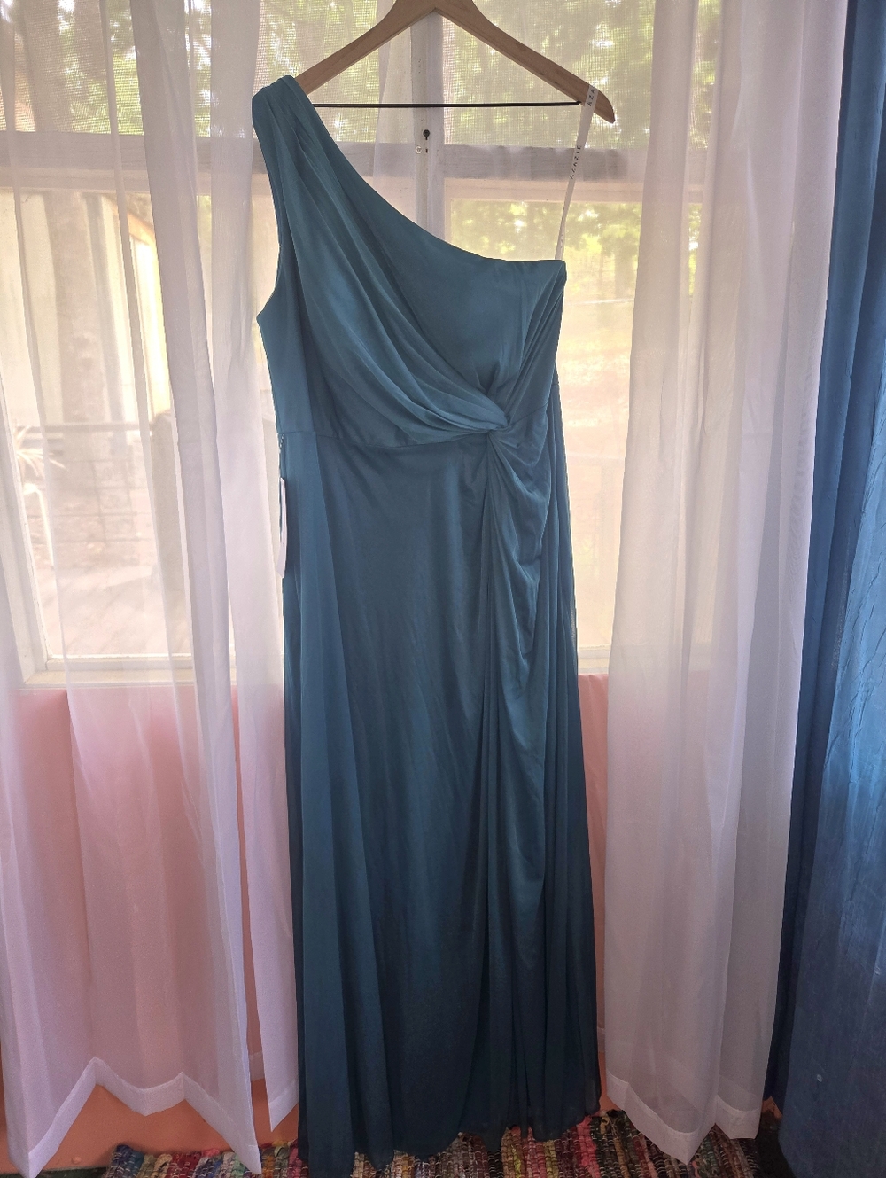 Azazie One-Shoulder Teal Gown with Draped Knot Detail